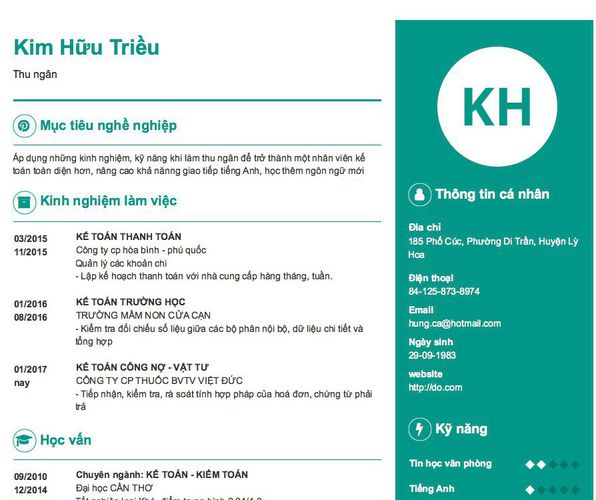 Mẫu CV Thu ngân