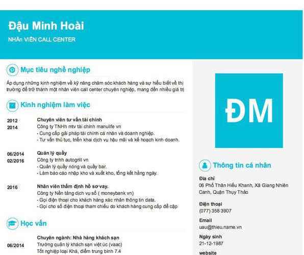 Mẫu CV NHÂn VIÊN CALL CENTER