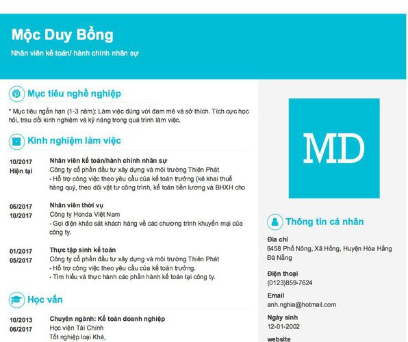 Mẫu CV Nhân viên kế toán/ hành chính nhân sự
