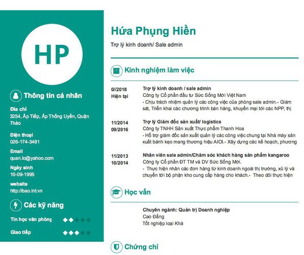 Mẫu CV Trợ lý kinh doanh/ Sale admin