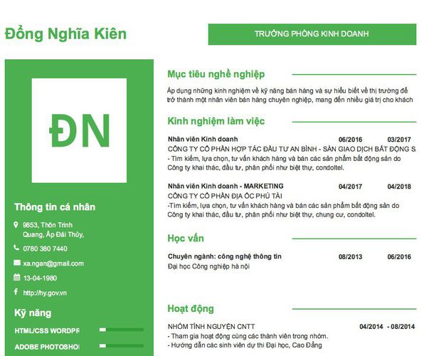 Mẫu CV TRƯỞNG PHÒNG KINH DOANH