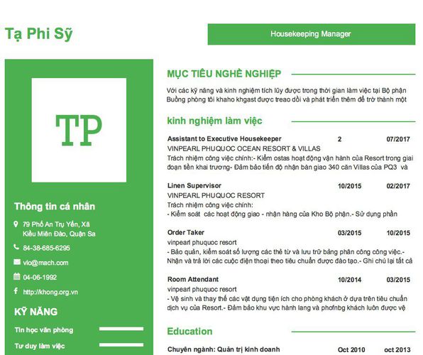Mẫu CV Housekeeping Manager