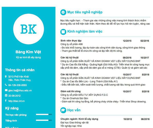 Mẫu CV Kỹ sư kinh tế xây dựng