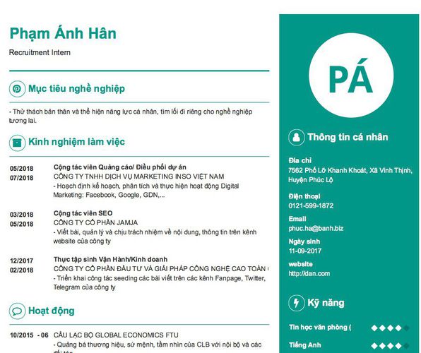 Mẫu CV Recruitment Intern