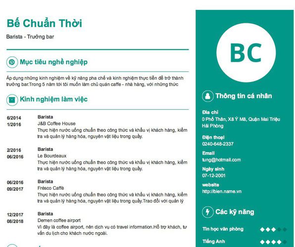 Mẫu CV Barista - Trưởng bar