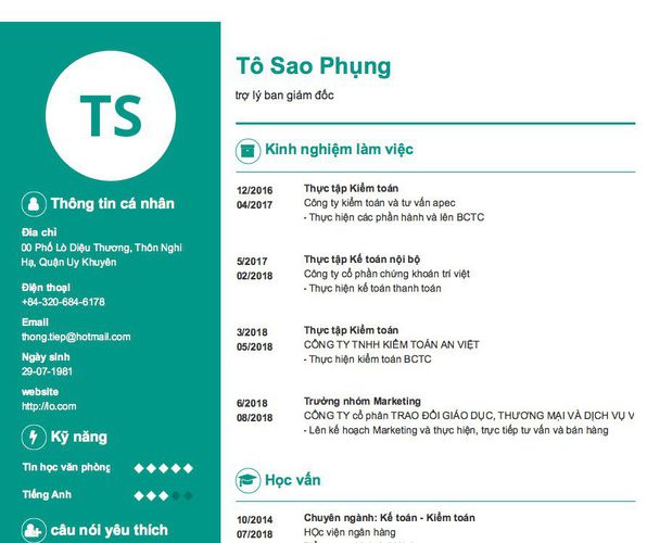 Mẫu CV trợ lý ban giám đốc