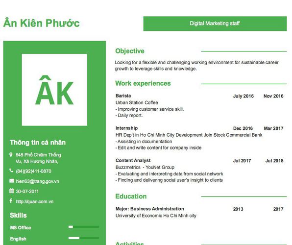 Mẫu CV Digital Marketing staff