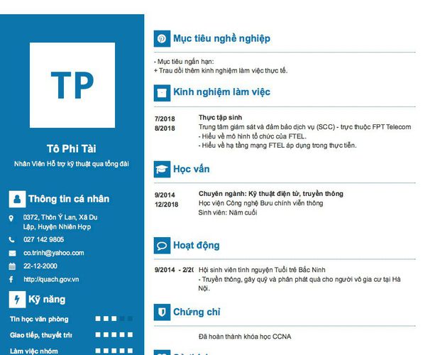 Mẫu CV Nhân Viên Hỗ trợ kỹ thuật qua tổng đài