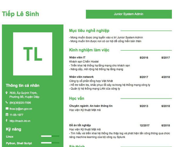 Mẫu CV Junior System Admin