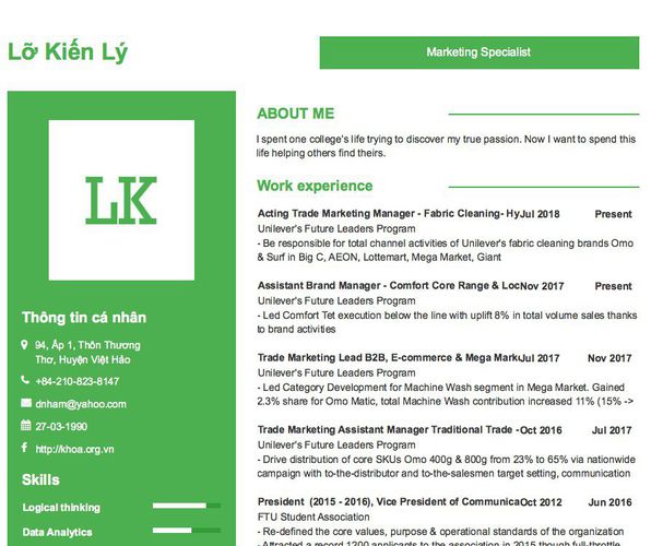 Mẫu CV Marketing Specialist