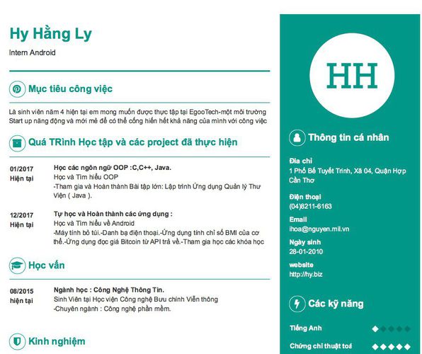 Mẫu CV Intern Android