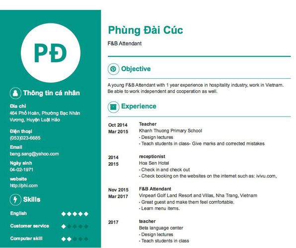 Gợi ý cách viết Mẫu CV tham khảo F&B Attendant