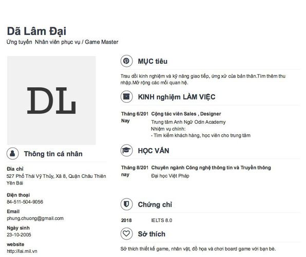 Mẫu CV Ứng tuyển  Nhân viên phục vụ / Game Master
