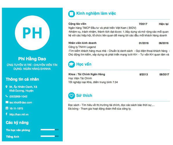 Gợi ý cách viết Mẫu CV tham khảo ỨNG TUYỂN VỊ TRÍ : CHUYÊN VIÊN TÍN DỤNG- NGÂN HÀNG SHINHA