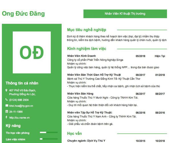 Mẫu CV Nhân Viên Kĩ thuật Thị trường