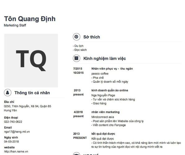 Mẫu CV Marketing Staff