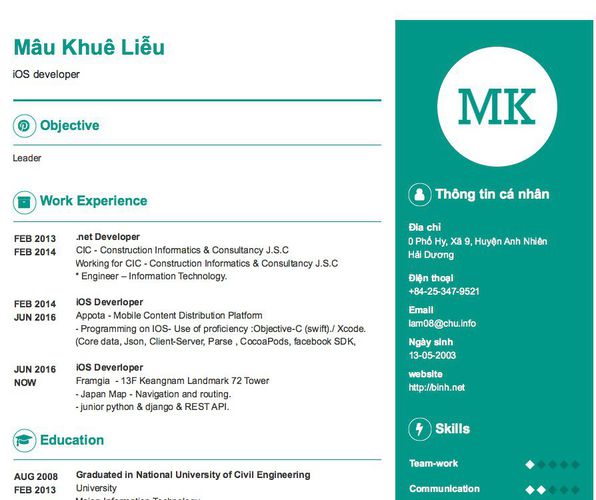 Mẫu CV iOS developer