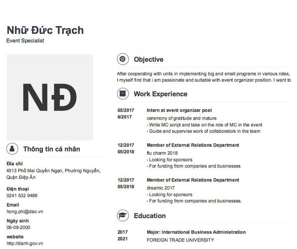 Mẫu CV Event Specialist