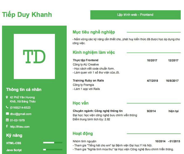 Mẫu CV Lập trình web - Frontend