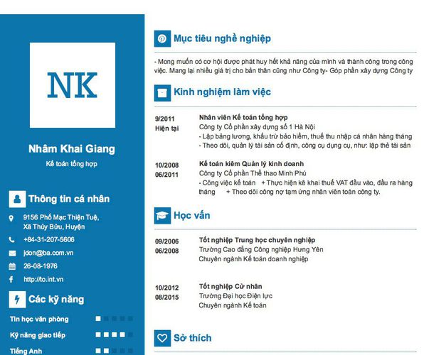 Mẫu CV Kế toán tổng hợp