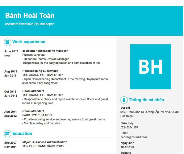 Mẫu CV Assistant Executive Housekeeper