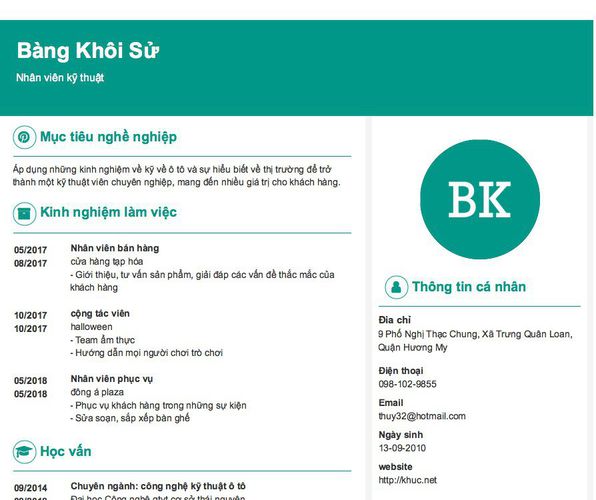 Mẫu CV Nhân viên kỹ thuật