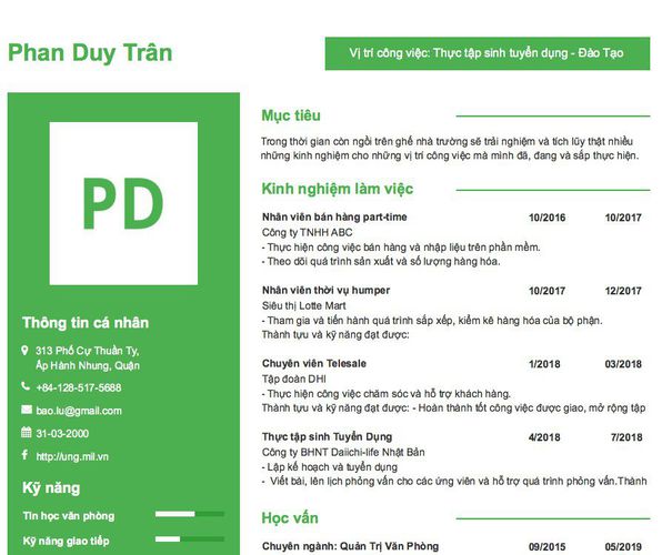 Gợi ý cách viết Mẫu CV tham khảo Vị trí công việc: Thực tập sinh tuyển dụng - Đào Tạo