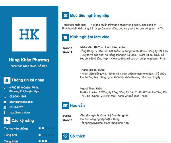 Mẫu CV nhân viên hành chính, Kế toán