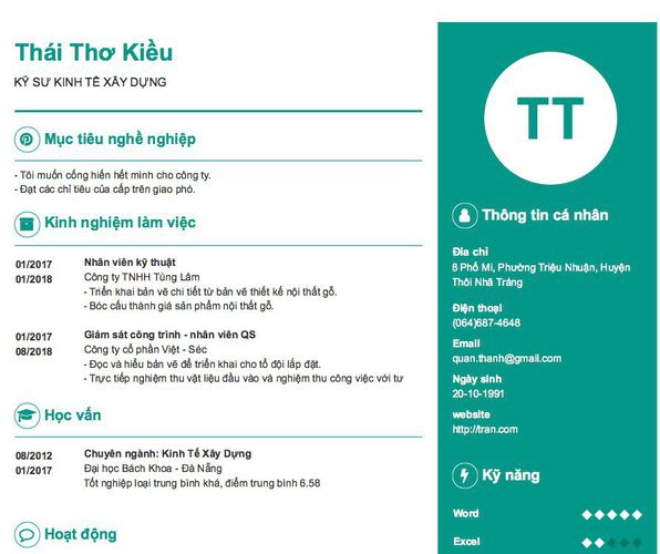 Mẫu CV KỸ SƯ KINH TẾ XÂY DỰNG