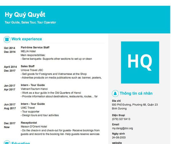 Mẫu CV Tour Guide, Sales Tour, Tour Operator
