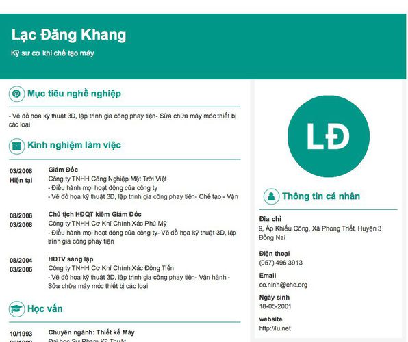 Mẫu CV Kỹ sư cơ khí chế tạo máy