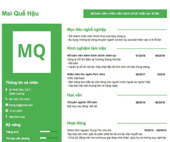 Gợi ý cách viết Mẫu CV tham khảo kế toán viên- nhân viên hành chính nhân sự- lê tân