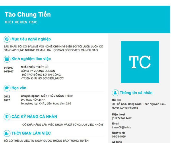 Mẫu CV THIẾT  KẾ KIẾN  TRÚC