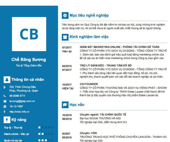 Mẫu CV Trợ lý Tổng Giám đốc
