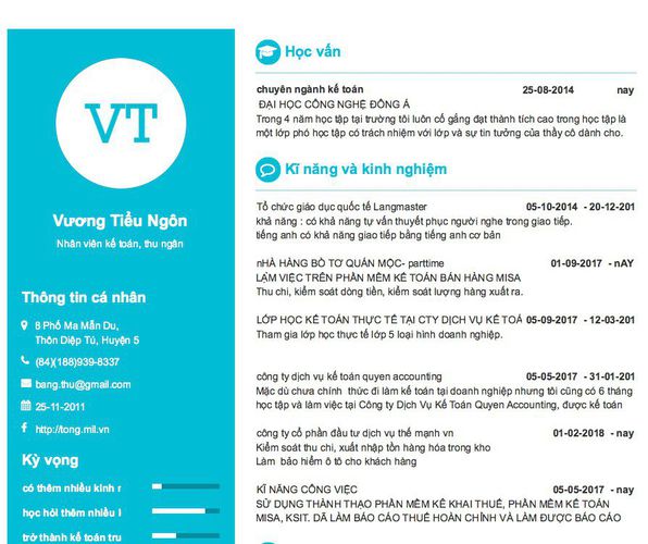 Mẫu CV Nhân viên kế toán, thu ngân
