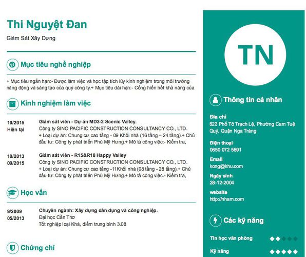 Mẫu CV Giám Sát Xây Dựng