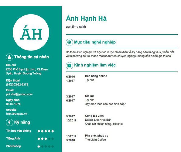 Mẫu CV part time cskh