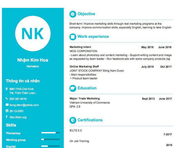 Mẫu CV Marketers