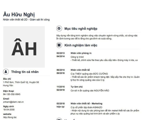 Mẫu CV Nhân viên thiết kế 2D - Giám sát thi công
