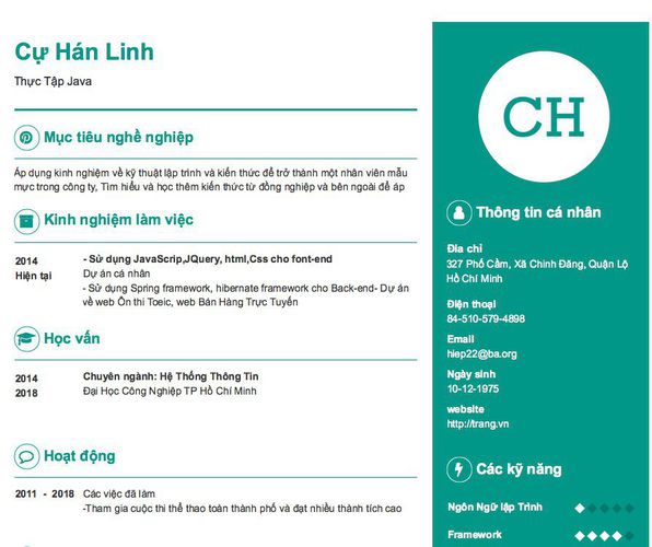 Mẫu CV Thực Tập Java