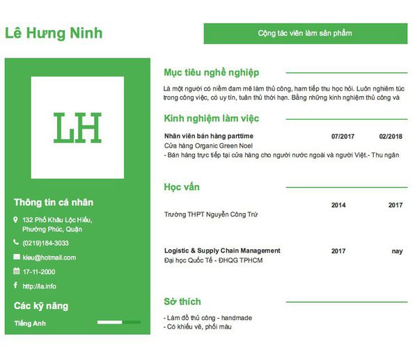Mẫu CV Cộng tác viên làm sản phẩm