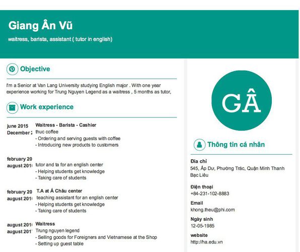 Mẫu CV waitress, barista, assistant ( tutor in english)