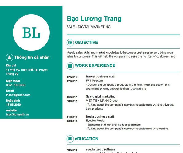 Mẫu CV SALE - DIGITAL MARKETING