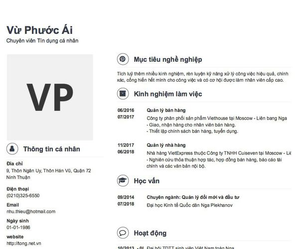 Mẫu CV Chuyên viên Tín dụng cá nhân