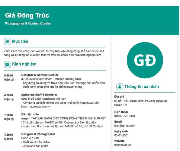 Mẫu CV Photographer & Content Creator