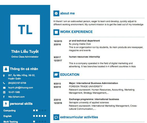 Mẫu CV Online Class Administrator