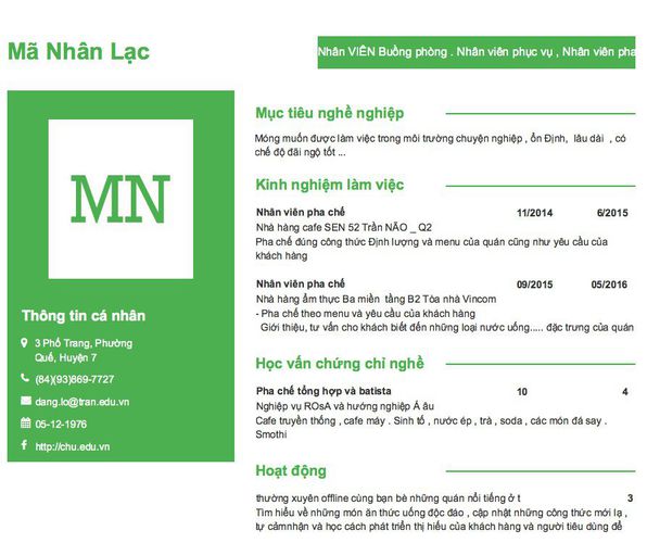 Mẫu CV Nhân VIÊN Buồng phòng . Nhân viên phục vụ , Nhân viên pha chế