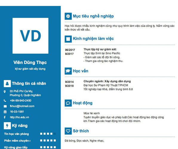 Mẫu CV kỹ sư giám sát xây dựng