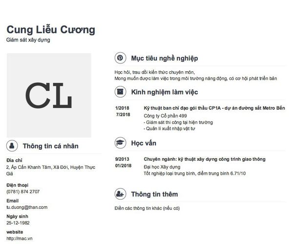 Mẫu CV Giám sát xây dựng