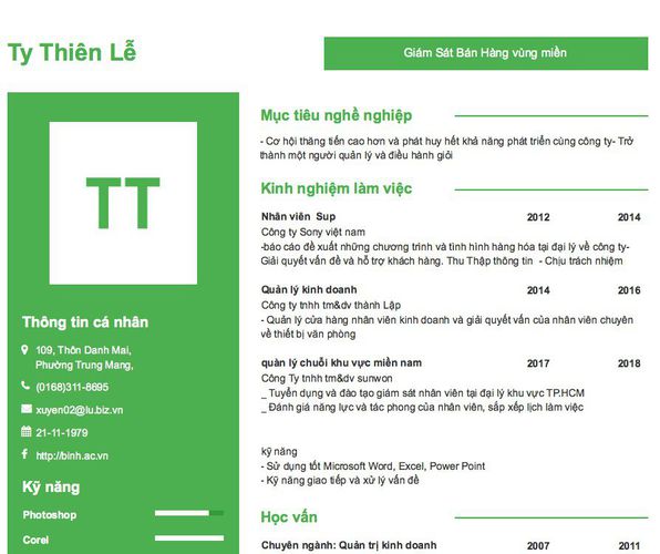 Mẫu CV Giám Sát Bán Hàng vùng miền